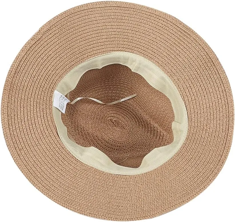 Women Straw Sun Hat Wide Brim Panama Foldable Beach Sun Hat Stylish Summer Fedora Travel Straw Hat Classic Sun Protection Hat