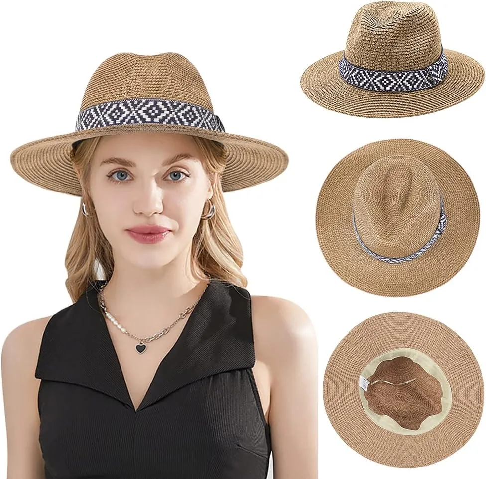 Women Straw Sun Hat Wide Brim Panama Foldable Beach Sun Hat Stylish Summer Fedora Travel Straw Hat Classic Sun Protection Hat