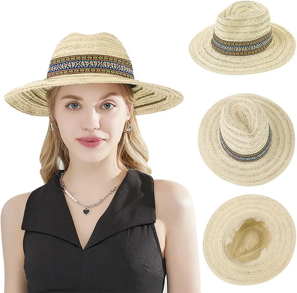 Women Straw Sun Hat Wide Brim Panama Foldable Beach Sun Hat Stylish Summer Fedora Travel Straw Hat Classic Sun Protection Hat