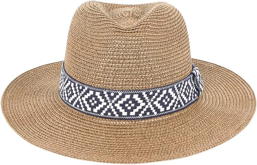 Women Straw Sun Hat Wide Brim Panama Foldable Beach Sun Hat Stylish Summer Fedora Travel Straw Hat Classic Sun Protection Hat