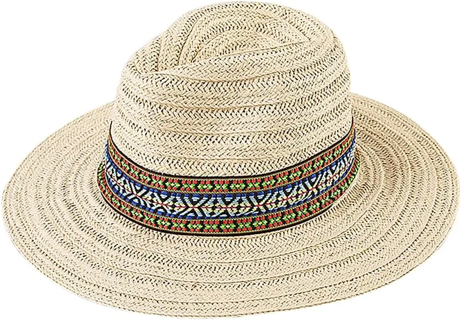Women Straw Sun Hat Wide Brim Panama Foldable Beach Sun Hat Stylish Summer Fedora Travel Straw Hat Classic Sun Protection Hat