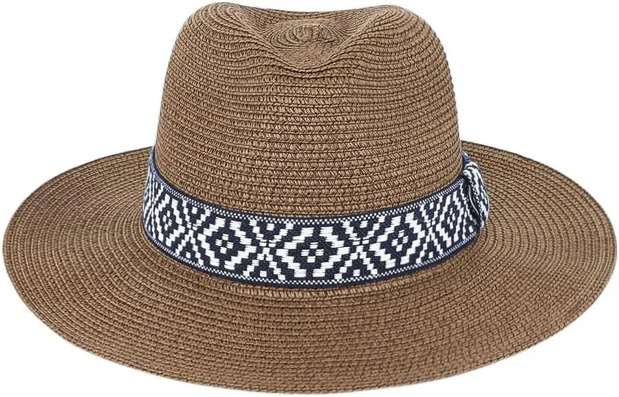Women Straw Sun Hat Wide Brim Panama Foldable Beach Sun Hat Stylish Summer Fedora Travel Straw Hat Classic Sun Protection Hat
