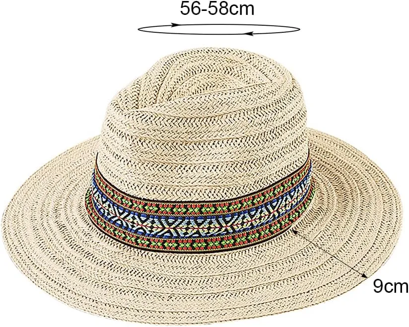 Women Straw Sun Hat Wide Brim Panama Foldable Beach Sun Hat Stylish Summer Fedora Travel Straw Hat Classic Sun Protection Hat