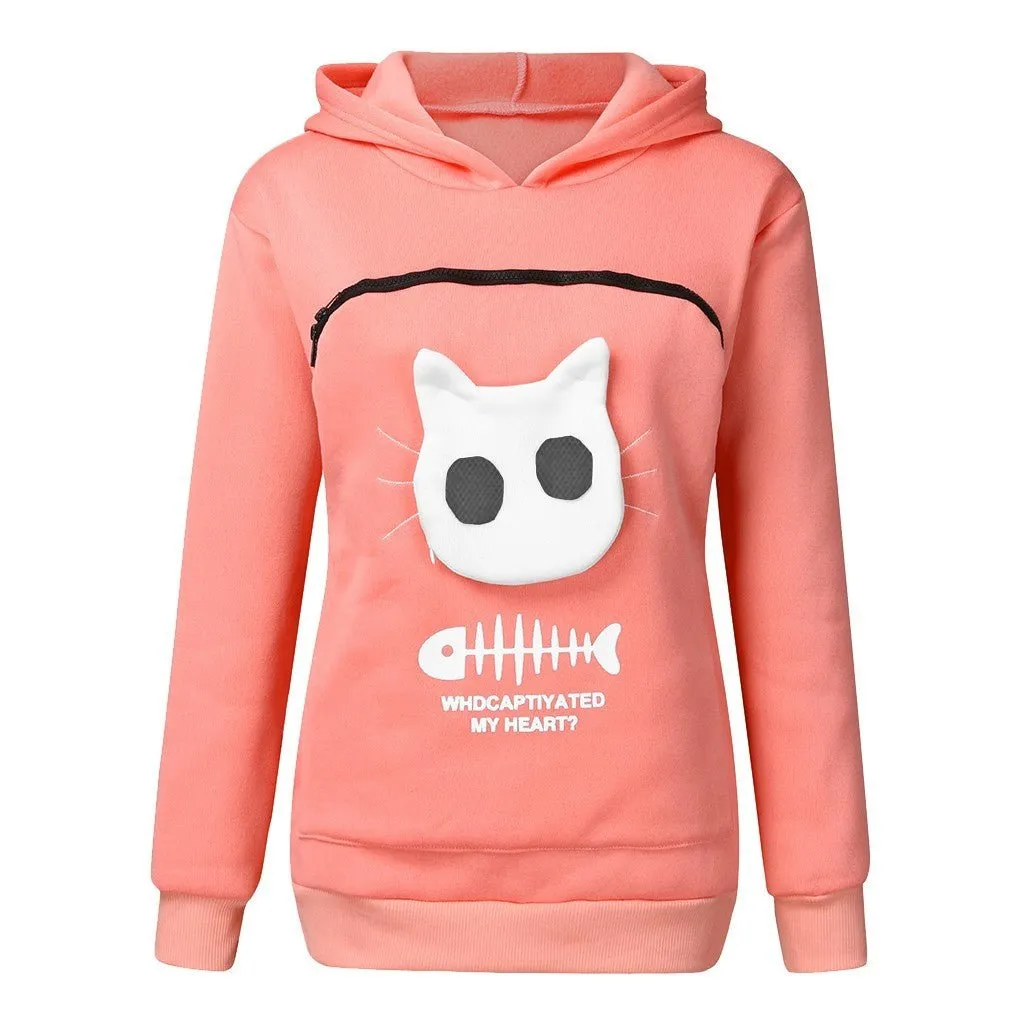 Women's Cat Pet Pocket Design Sweatshirt Long Sleeve Hoodies