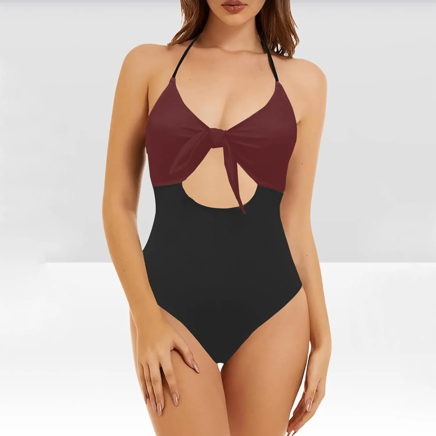Womens Halter Cutout One Piece Swimsuit Sexy Backless Tummy Control Bathing Suits Colorblock Slimming Beach Swimwear