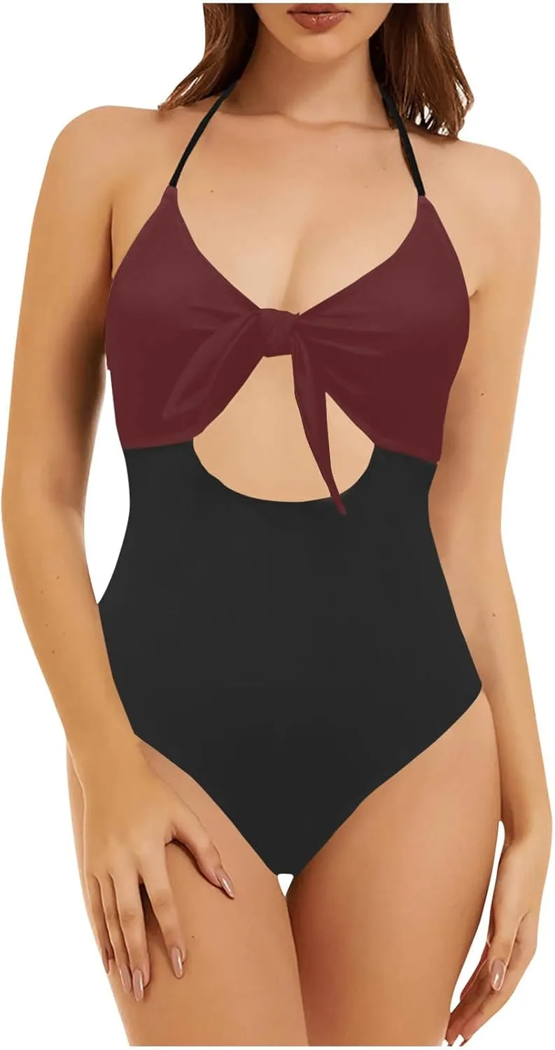 Womens Halter Cutout One Piece Swimsuit Sexy Backless Tummy Control Bathing Suits Colorblock Slimming Beach Swimwear