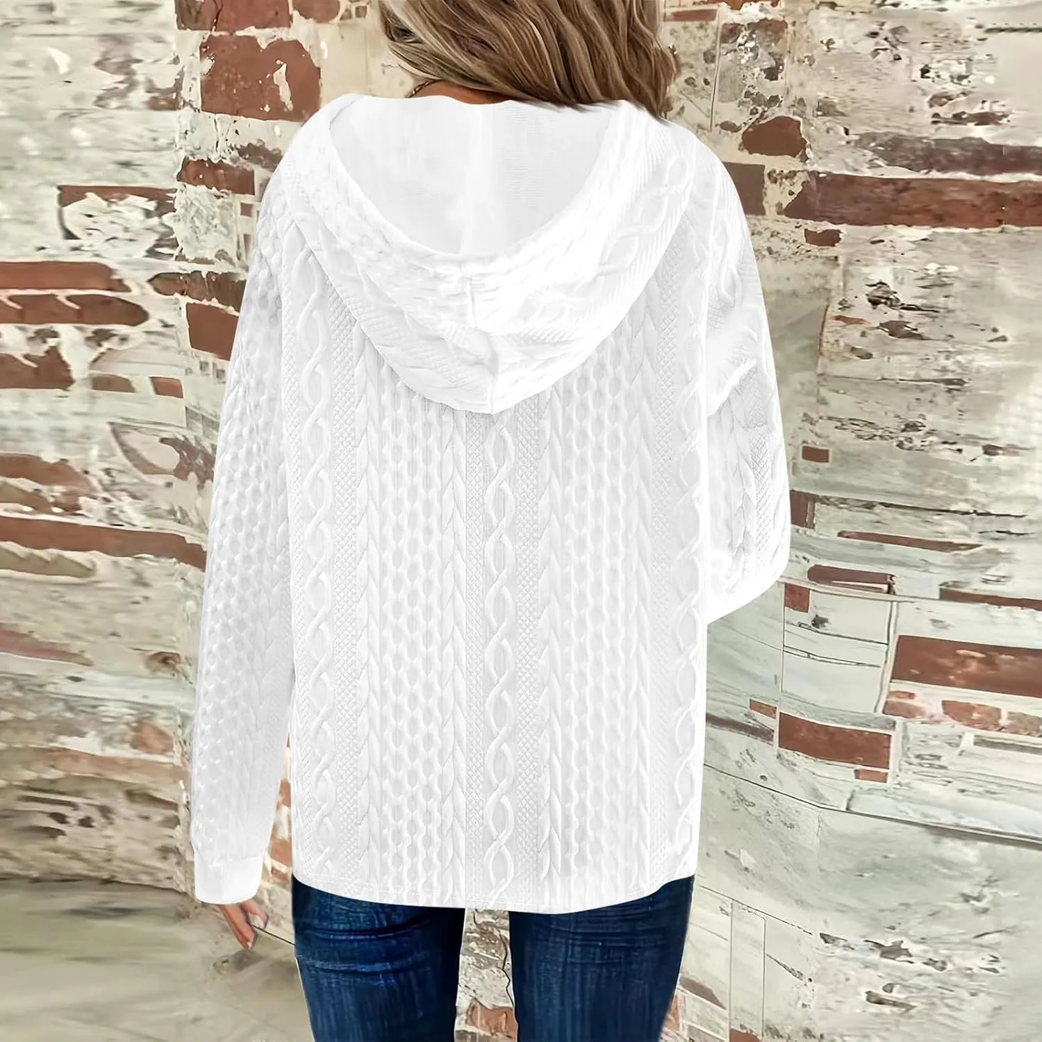 Women's Long Sleeve Hooded Trendy Drawstring Sweatshirt 2024 Button Loose V-Neck Top Comfy Slim Clothes