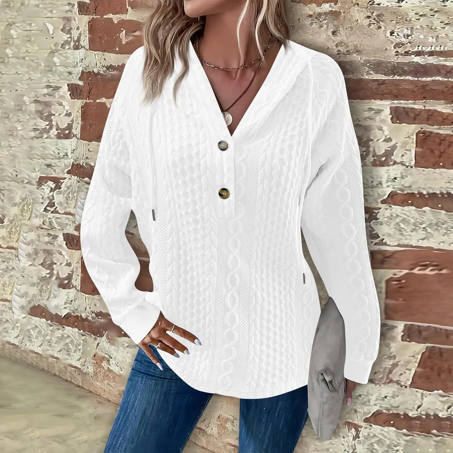 Women's Long Sleeve Hooded Trendy Drawstring Sweatshirt 2024 Button Loose V-Neck Top Comfy Slim Clothes