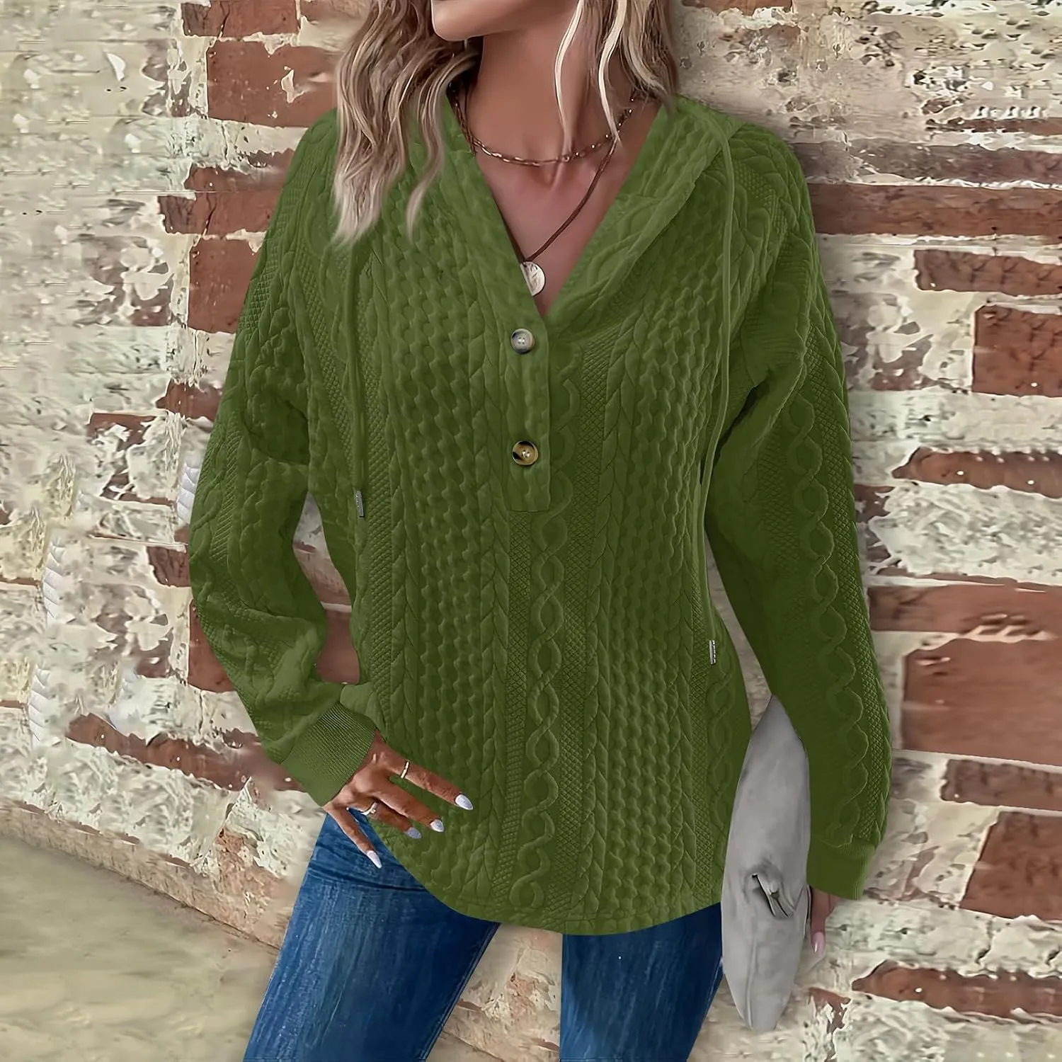 Women's Long Sleeve Hooded Trendy Drawstring Sweatshirt 2024 Button Loose V-Neck Top Comfy Slim Clothes
