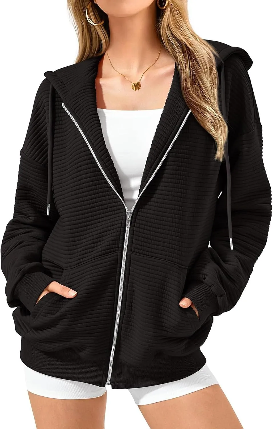Womens Zip Up Hoodies Loose Fit Long Sleeve Oversized Sweatshirts Drawstring Y2K Lightweight Jackets with Pockets