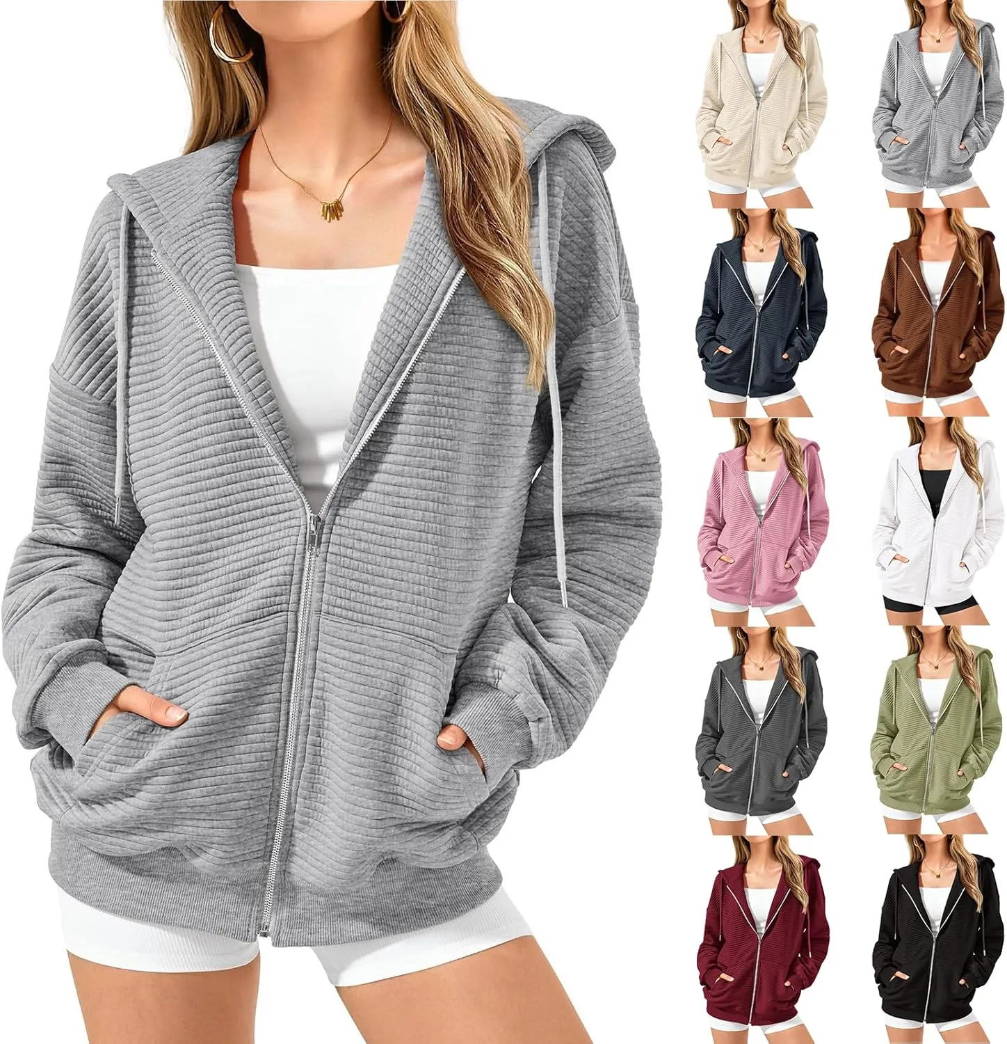 Womens Zip Up Hoodies Loose Fit Long Sleeve Oversized Sweatshirts Drawstring Y2K Lightweight Jackets with Pockets