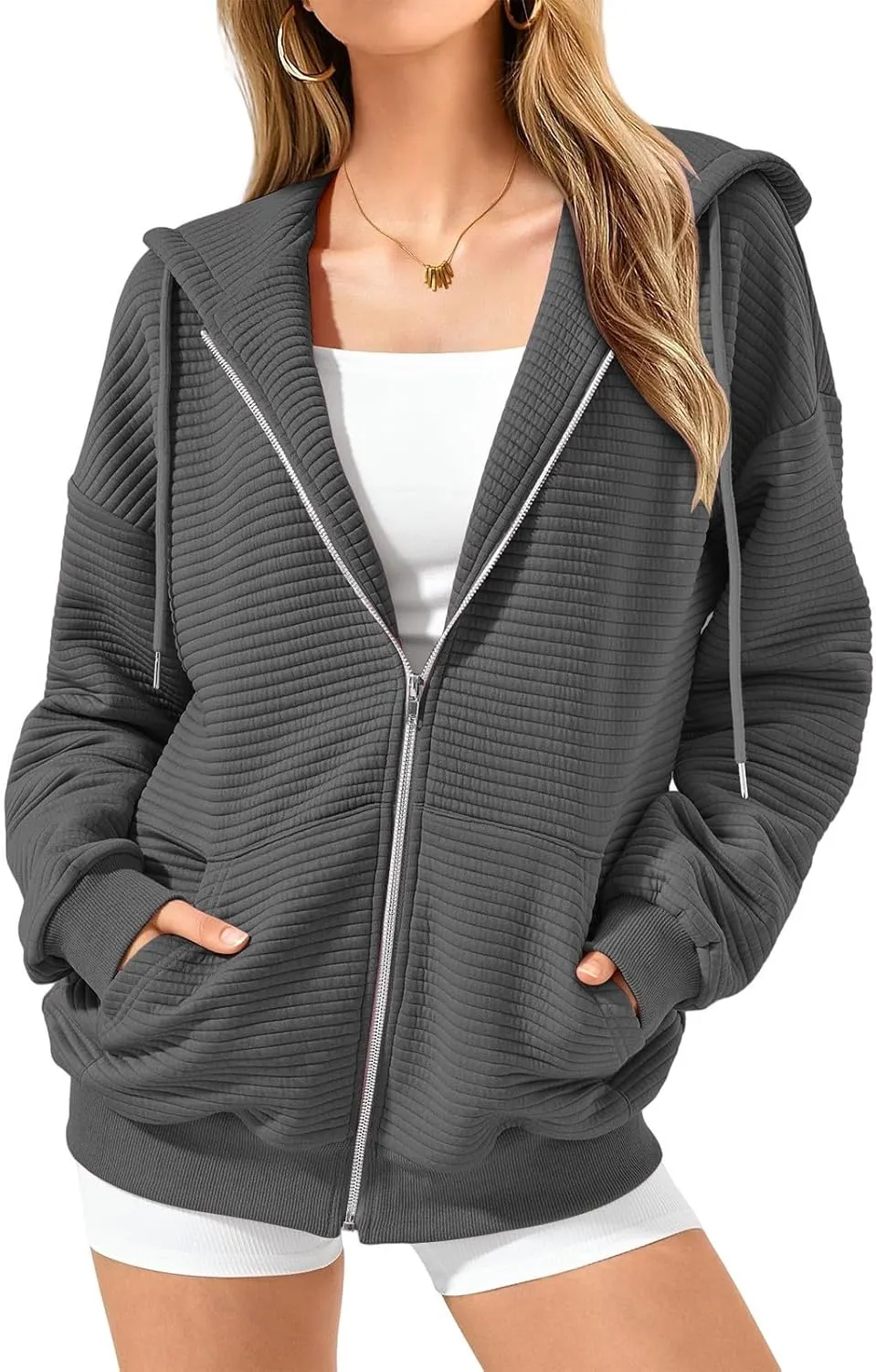 Womens Zip Up Hoodies Loose Fit Long Sleeve Oversized Sweatshirts Drawstring Y2K Lightweight Jackets with Pockets