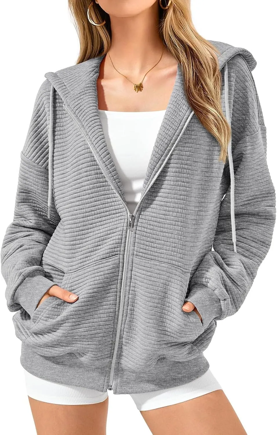 Womens Zip Up Hoodies Loose Fit Long Sleeve Oversized Sweatshirts Drawstring Y2K Lightweight Jackets with Pockets