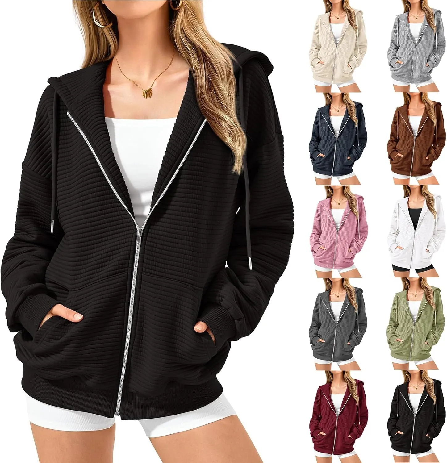 Womens Zip Up Hoodies Loose Fit Long Sleeve Oversized Sweatshirts Drawstring Y2K Lightweight Jackets with Pockets