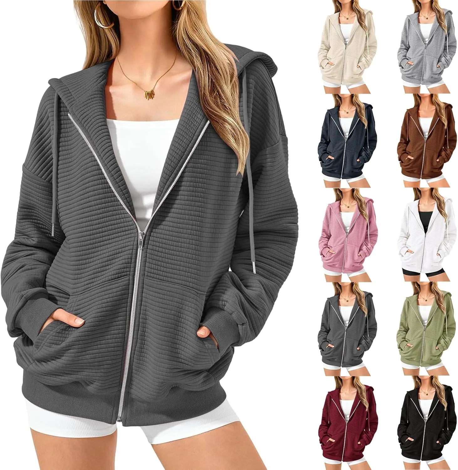 Womens Zip Up Hoodies Loose Fit Long Sleeve Oversized Sweatshirts Drawstring Y2K Lightweight Jackets with Pockets