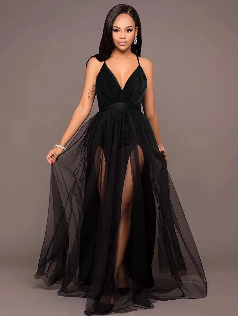 XXTAXN Women's Sexy Deep V Neck Split Cocktail Party Formal Bridesmaid Maxi Dress