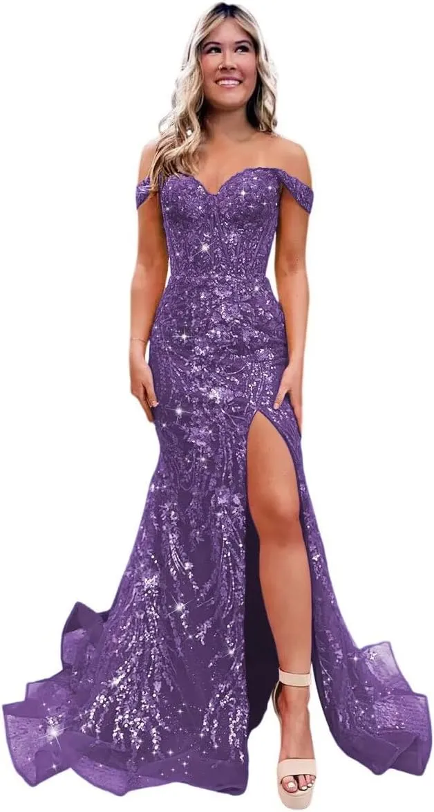 YMSHA Long Prom Dresses with Slit Off Shoulder Sequin Mermaid Lace Formal Gowns YMS342