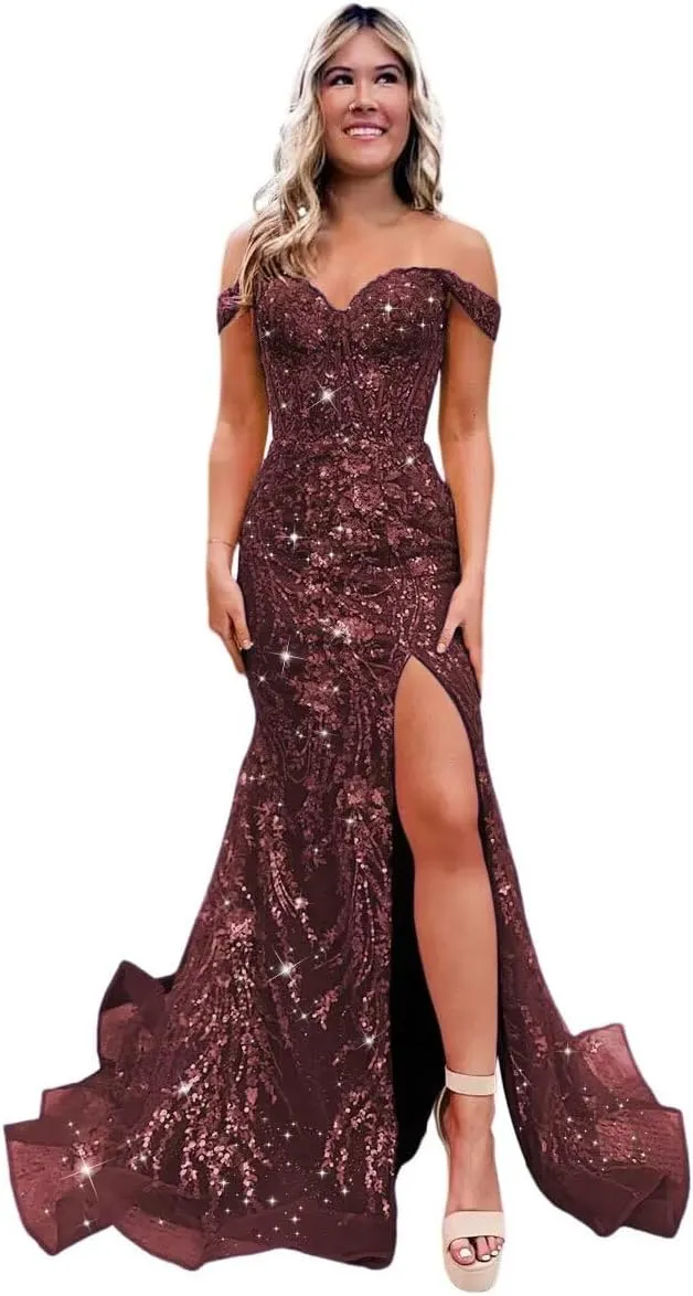 YMSHA Long Prom Dresses with Slit Off Shoulder Sequin Mermaid Lace Formal Gowns YMS342